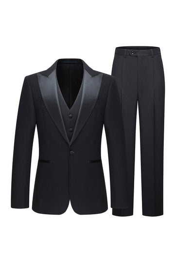 Black 3 Piece Peak Lapel Slim Fit Men's Wedding Suits